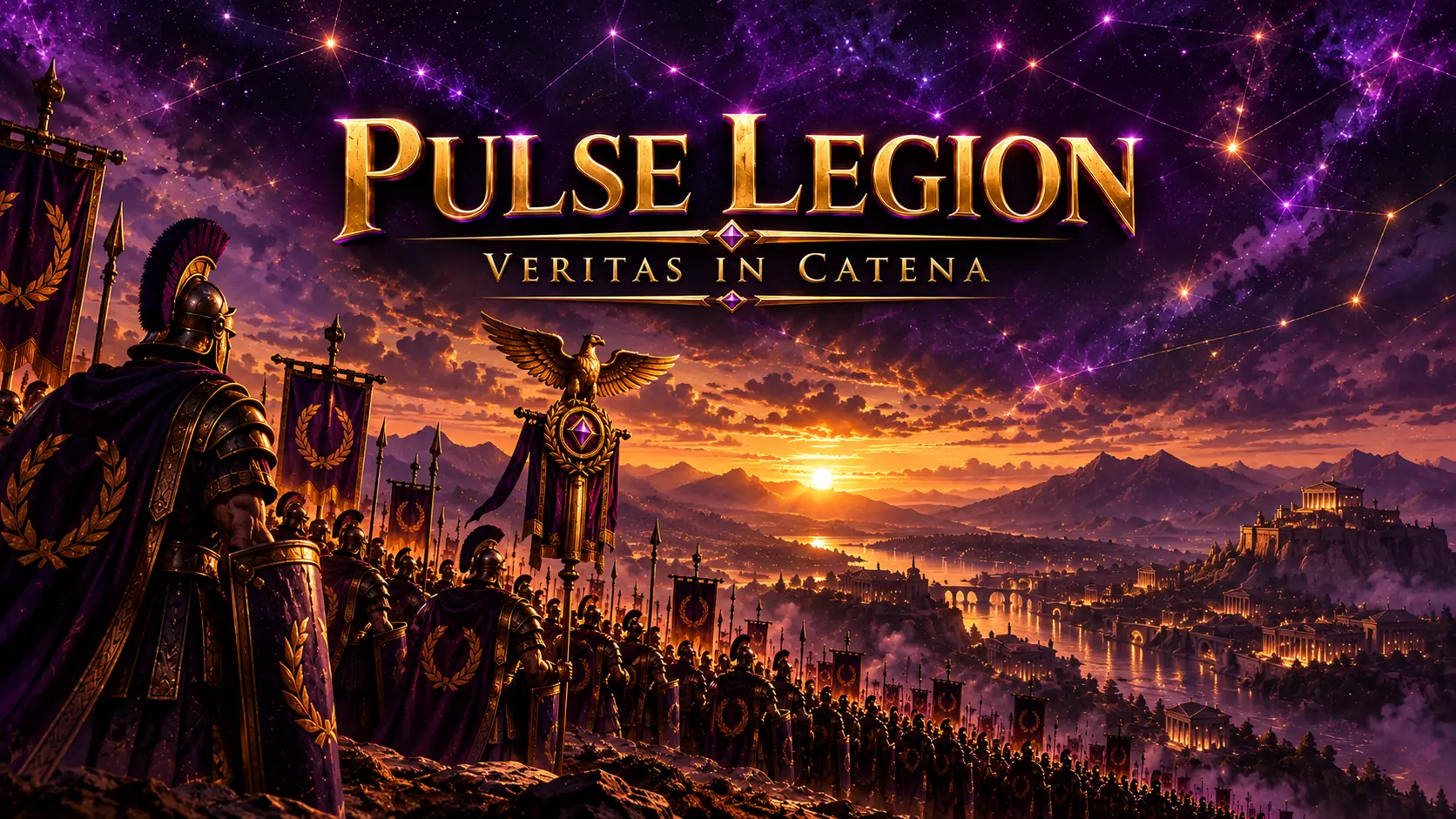 Pulse Legion - Veritas in Catena. A Roman legion overlooks a city at sunset beneath a purple, star-linked sky.